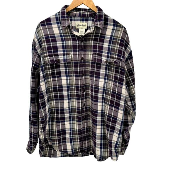 Eddie Bauer Flannel Shirt Mens Large Button Up Purple Tan Plaid Long Sleeve - Picture 1 of 7